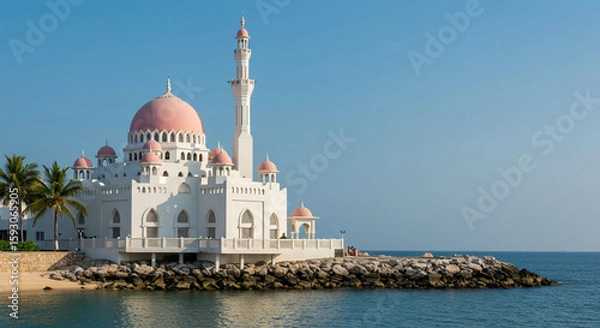Obraz Elegant Waterfront Mosque with Pink Domes and Minaret on Rocky Coast