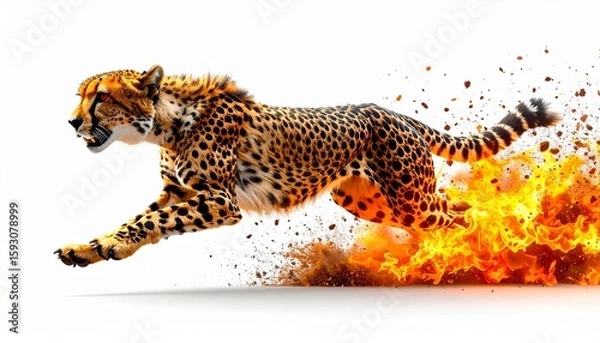 Fototapeta A blazing cheetah in side profile, running at full speed made of fierce fire flames, with motion blur and glowing amber fire particles trailing behind against a clean white background