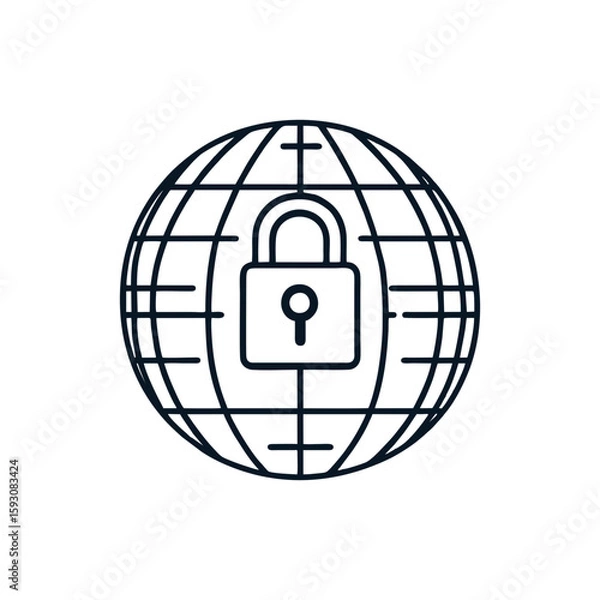 Obraz Globe with central padlock symbol in bold abstract line style, front view conceptual SVG icon for internet safety, global cybersecurity or privacy topics on transparent background.
