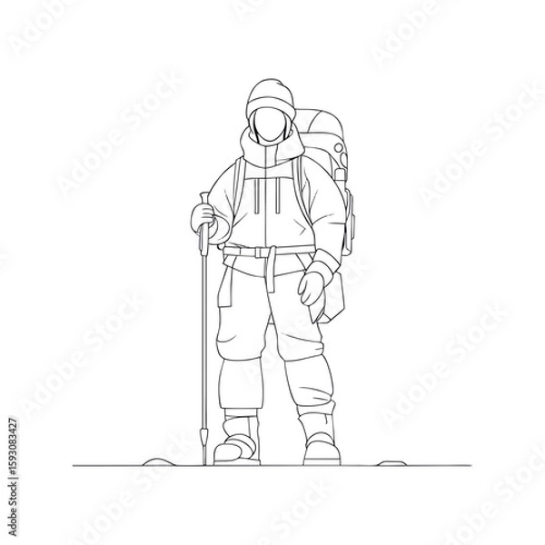 Obraz Mountain glacier explorer in full hiking gear front view, dressed for cold expedition with walking stick and backpack, minimalist outline vector for travel, winter sport or survival content on transpa