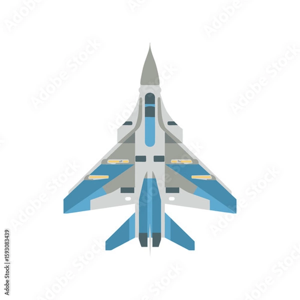 Obraz Top-down flat illustration of futuristic military jet plane in blue and gray color palette, simplified shape for aviation, air force, or defense-related infographic visuals on white background