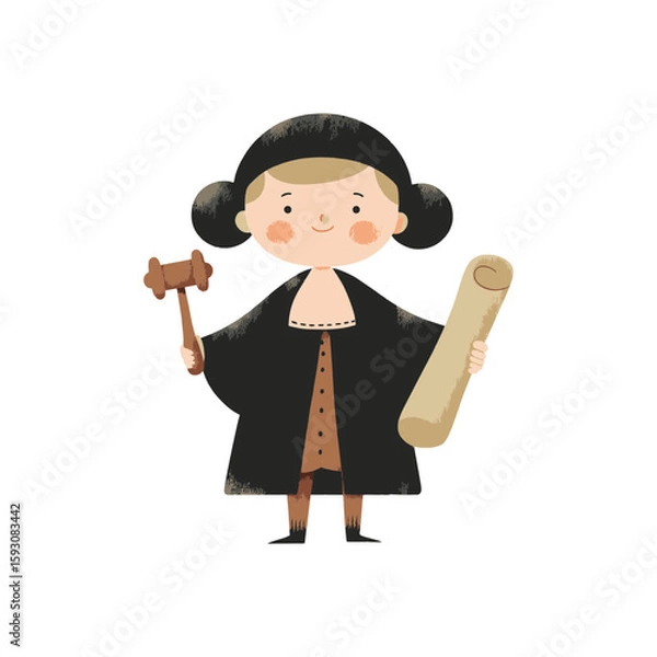 Obraz Cartoon judge in simplified flat style holding gavel and scroll, dressed in historical black robe, child character for educational materials, legal profession themes or kids’ illustrations.