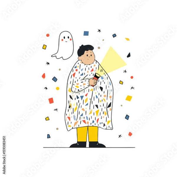 Obraz Child in pajamas hiding under blanket with flashlight and ghost, colorful flat cartoon scene with geometric confetti for Halloween, bedtime storytelling or children’s fear concept visuals.