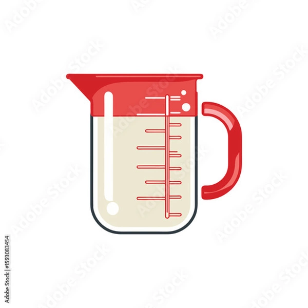 Obraz Flat illustration of transparent red and beige measuring cup with volume lines, simplified kitchen utensil for cooking blogs, recipe cards, or educational use on transparent background.
