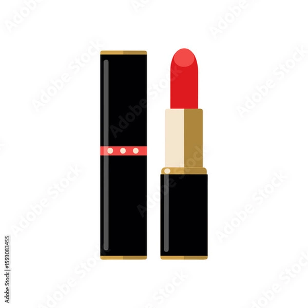 Obraz Elegant lipstick with red top and black and gold packaging, simplified flat shape for beauty products, cosmetic branding, or fashion ads on white background.