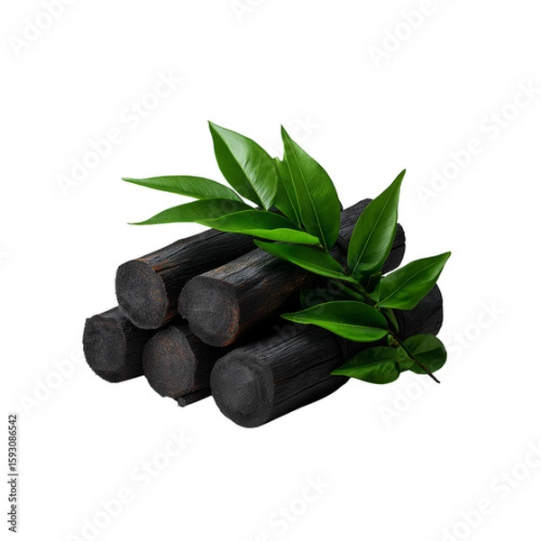 Fototapeta Black bamboo charcoal with bamboo shoots and green leaf isolated on white background