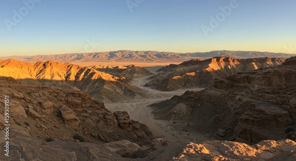 Obraz Vast Arid Terrain Featuring Stone Formations and Distant Mountains Under Clear Blue Sky