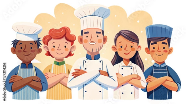 Fototapeta set of professional chefs standing confidently with arms crossed and smiling. Culinary theme, kitchen staff characters, food industry illustration , isolated on white background. Perfect for menus