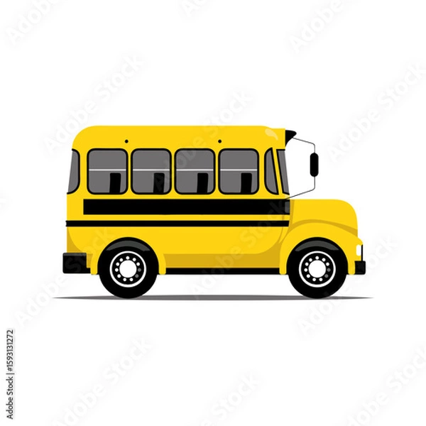 Obraz Classic yellow school bus with large windows in simplified cartoon vector style, ideal for educational content, school transport illustrations, and back-to-school design on transparent background.