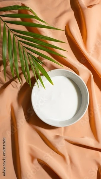 Fototapeta Stock photo of coconut milk in bowl with palm leaf on peach silk background studio shot