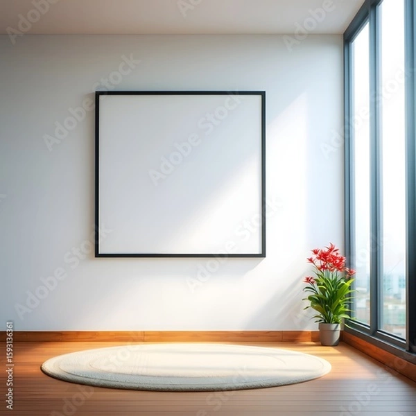 Fototapeta Minimalist interior design with blank frame mockup for art and photo display idea