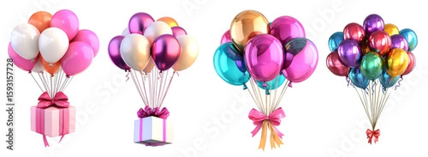 Fototapeta Set of colorful helium balloons with gift boxes and bows floating, isolated on transparent background