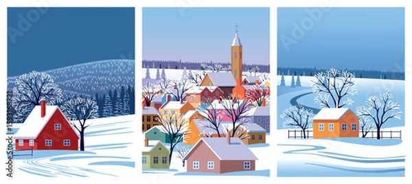 Obraz Vector Set of 3 winter season landscapes. Farm village houses and small town under snow in the first plan, and forest under snow in the background. Handmade drawing vector illustration.	