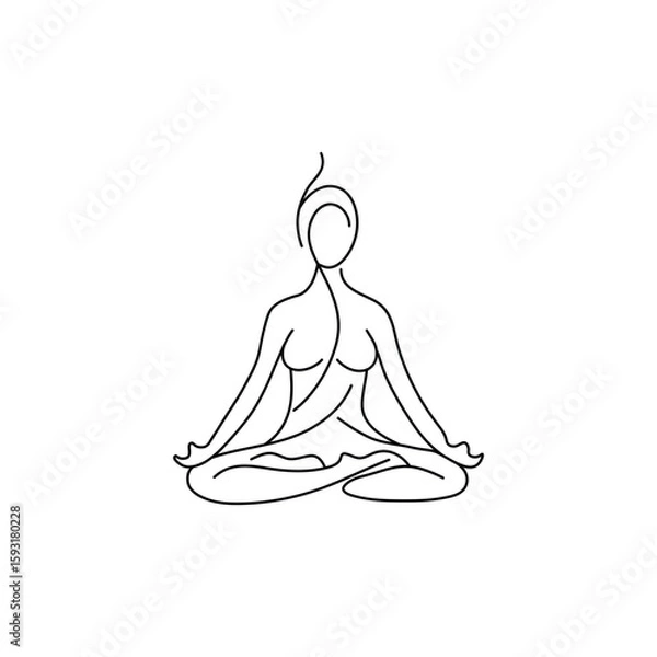Fototapeta Continuous meditating woman in lotus pose vector art line.