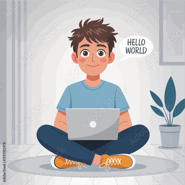 Fototapeta A smiling teenager sits cross-legged on the floor, excitedly coding on a laptop, exuding a sense of creativity, focus, and engagement in a modern and casual environment.
