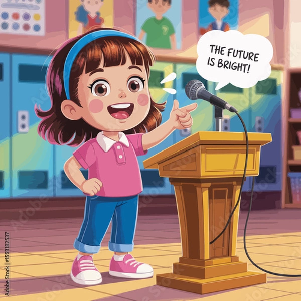Fototapeta A cheerful young girl stands confidently at a podium, excitedly declaring that the future is bright, inspiring her peers in a colorful classroom setting.