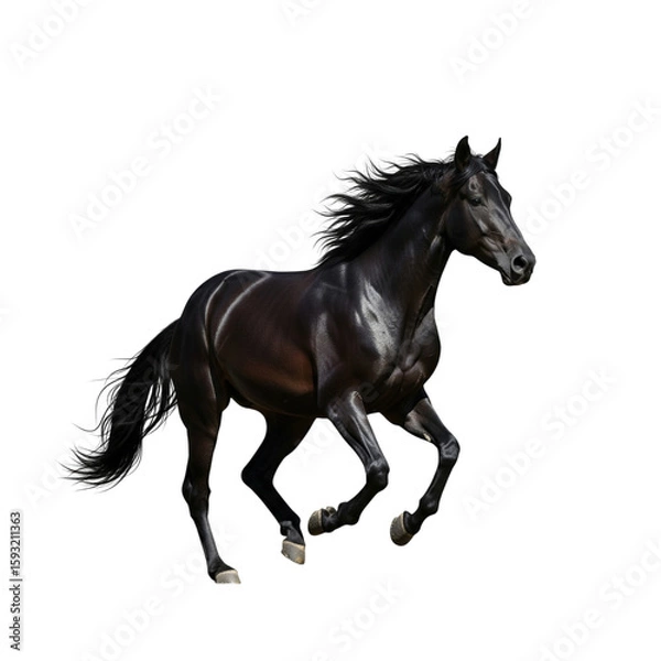 Fototapeta Elegant black horse gallops powerfully, showcasing its sleek coat and muscular build against a dark backdrop.