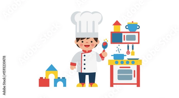 Fototapeta Little Boy Imagining And Playing Chef On His Toy Kitchen In The Home