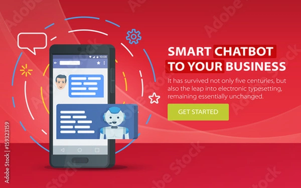 Fototapeta Chatbot and future marketing concept. Modern banner for the site. Dialog box of mobile phone. Chatbot business concept. Smartphone on a red background. Vector illustration