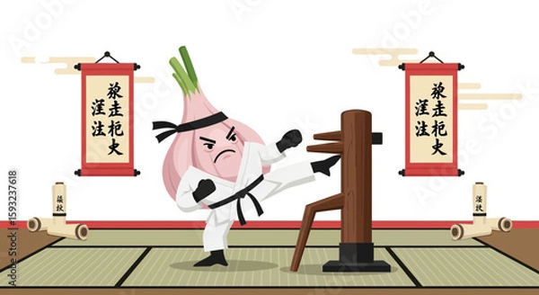 Fototapeta Determined Onion Martial Artist Training With Dummy In A Traditional Dojo Setting