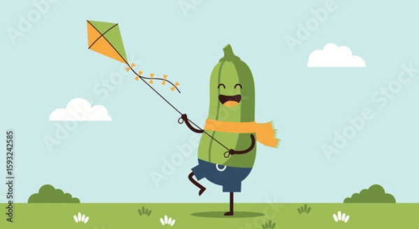 Obraz Happy Zucchini Character Flying Kite on a Sunny Day Illustration