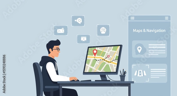 Fototapeta Man Working On Navigation App Development At Computer In Modern Office