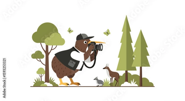 Fototapeta Kiwi Photographer Capturing Wildlife Scenery In Natural Setting With Geometric Elements