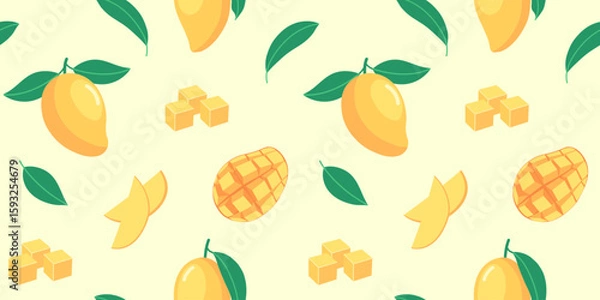 Fototapeta Flat vector illustration of repeating mango fruits, slices, cubes and green leaves on light background. For card, print, wallpaper, summer, tropical, kids and fruit design. Seamless pattern. Minimal.