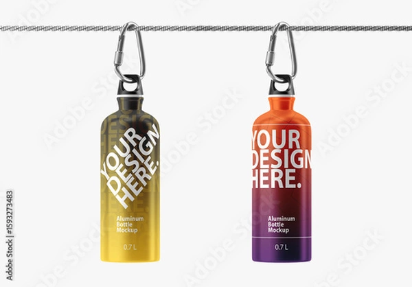 Fototapeta Metal sport bottle Mockup hanging on a cord with a carabiner