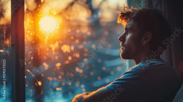 Fototapeta Thoughtful man gazes out of a window, bathed in the warm glow of the setting sun, lost in contemplation