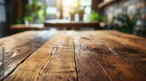 Fototapeta Rustic wooden table with warm sunlight, perfect for displaying products or adding natural texture.