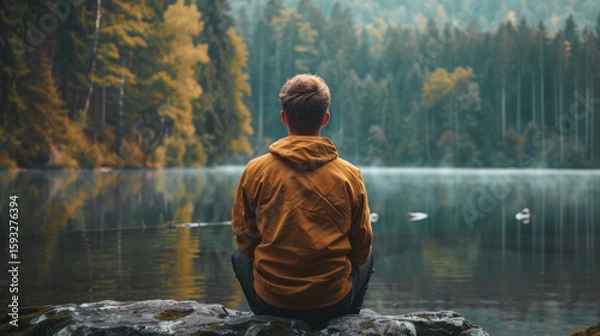 Fototapeta Man contemplates serene lake surrounded by forest, seeking nature's solace and peaceful reflection.