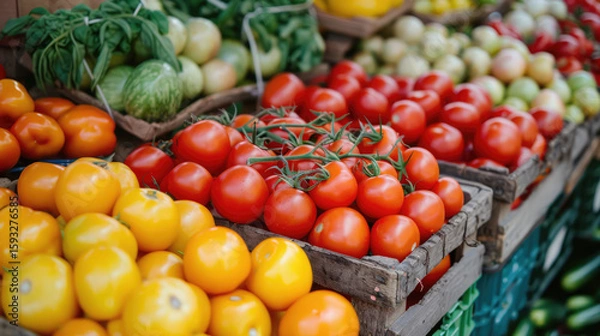 Fototapeta Fresh produce: a vibrant display of tomatoes, squash, and herbs at a local farmers market stall.