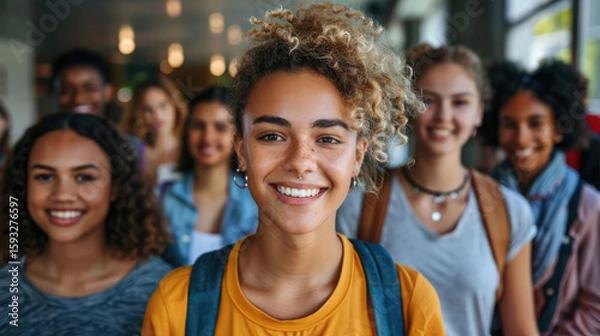 Fototapeta Group of smiling students posing for camera in the school hallway, youthful diversity and happy expression.