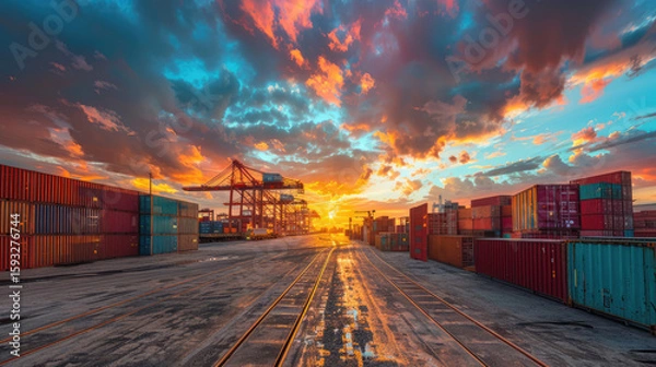 Fototapeta Shipping containers at a port with a striking sunset sky, reflecting on the ground and containers.