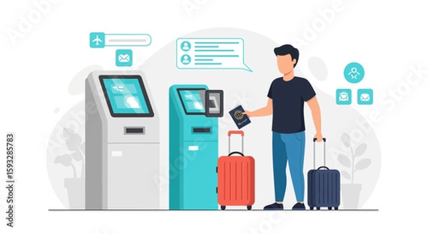 Obraz Traveler At Airport Self Service Check In Kiosk With Baggage And Passport