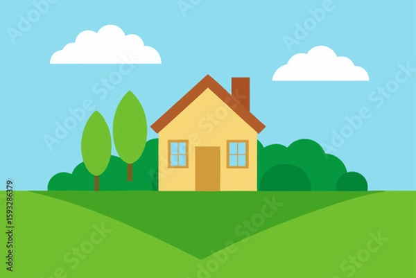 Fototapeta Charming yellow house in a green landscape with trees and clouds