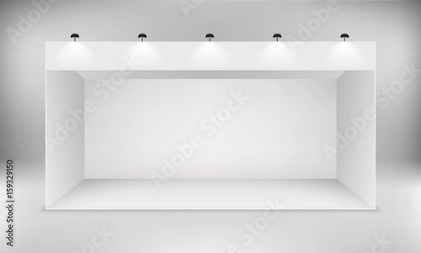 Fototapeta Wystawa biały pusty wektor stoisko. Standardowe stoisko targowe z reflektorami.