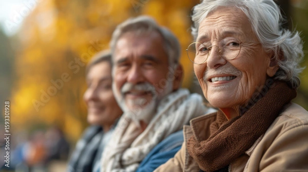 Fototapeta Smiling seniors enjoying an autumn day together in the park, radiating warmth and happiness.