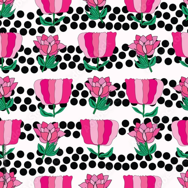 Obraz A beautiful seamless pattern featuring abstract pink flowers with polka dots. Ideal for textiles, wallpapers, gift wraps and digital design. Modern, soft and feminine aesthetic. 