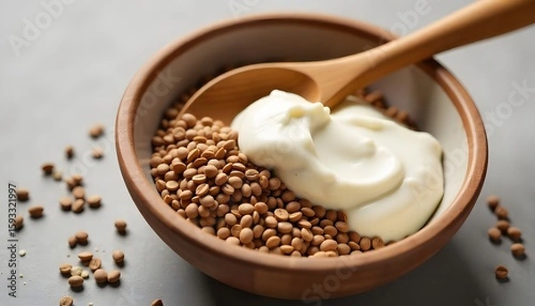 Fototapeta Wooden Spoon Resting on Bowl of Flax Seeds and Creamy Mixture, healthy diet concept, created with generative ai