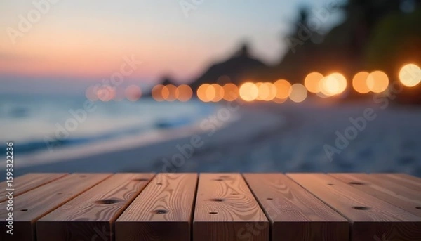 Fototapeta Wooden table top product display stage on blurred beach background in evening. mockup display,. Empty desk for product placement. Promote cosmetic products, created with generative ai