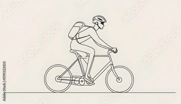 Fototapeta Kids drawing book,  A rider wearing a helmet and backpack is depicted cycling in a minimalist, continuous line style, coloring book for kids, created with generative ai