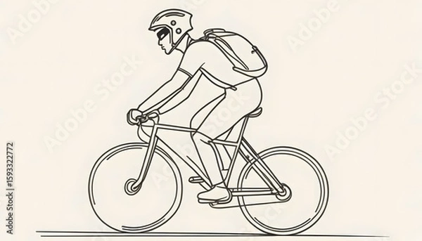 Fototapeta Kids drawing book,  A rider wearing a helmet and backpack is depicted cycling in a minimalist, continuous line style, coloring book for kids, created with generative ai