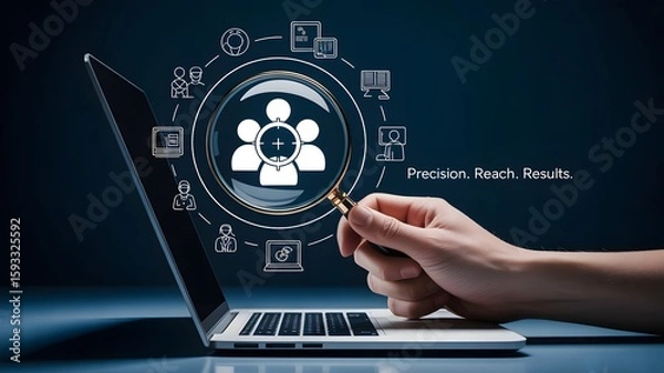 Fototapeta digital marketing concept, a human hand holding a magnifying glass in front of a laptop, Advertisement concept based isometric design with megaphone with laptop, created with generative ai