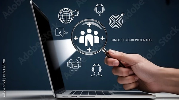Fototapeta digital marketing concept, a human hand holding a magnifying glass in front of a laptop, Advertisement concept based isometric design with megaphone with laptop, created with generative ai