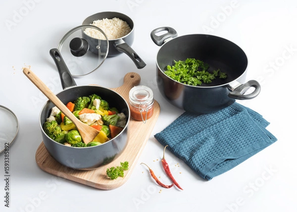 Fototapeta Nutritious cooking flatlay with non-stick black pots, steamed vegetables, cooked rice, tomato sauce and fresh herbs on white background, promoting healthy meal preparation and clean eating habits