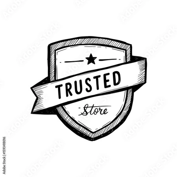 Fototapeta Trusted store badge in hand-drawn style with star and ribbon  