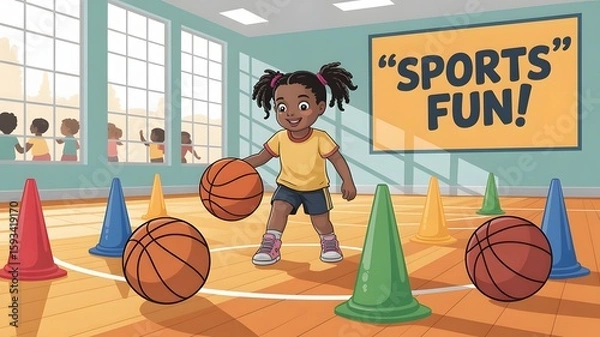 Fototapeta preschool sports room with colorful cones and basketballs, illuminated by early morning light, creating a playful atmosphere. Sports classroom with many colorful cushions, created with generative ai