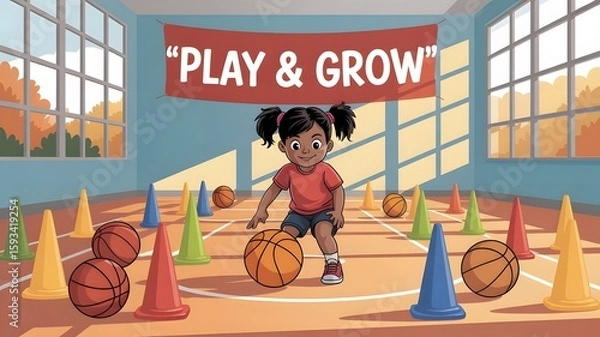 Fototapeta preschool sports room with colorful cones and basketballs, illuminated by early morning light, creating a playful atmosphere. Sports classroom with many colorful cushions, created with generative ai